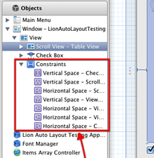 Xcode constraints for selected controls and objects hierarchy thumb
